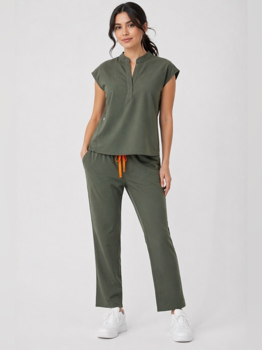 Figs Scrub Set straight leg Olive Green Top + Pants Orange Drawstring